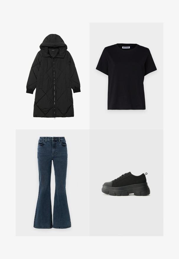 Črna prešita puffer jakna s kapuco, ki ima zadrgo, stranske žepe in elastične manšete. Gladek, vodoodporen material.; Črna kratka majica s kratkimi rokavi iz bombaža. Ima krožno izrezan ovratnik in sproščen kroj. Na ovratniku je oznaka "WEEKDAY".; Temno modri traperje z razširjenim krojem in visokim pasom, ki ima dve sprednji žepki, vidno šivanje in širok odprtine za noge na dnu.; Črne teniske z debelim gumijastim podplatom, zgornji del iz teksturirane tkanine, okrogla punta in zavezovanje z vrvicami. Vključujejo ojačane luknje za vrvice in zanko na hrbtu.