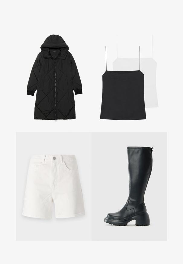 Melnas quiltētas pūkara mētelis ar kapuci, ar rāvējslēdzēja aizdari, sānu kabatām un elastīgām aprocēm. Gluda, ūdensizturīga auduma.; Parādīti divi kamzoli: viens melns un otrs balts. Abiem ir plānas siksniņas un pieguļoša forma, kas izgatavota no gludas, elastīgas auduma.; Baltās džinsa šortus ar klasisku griezumu, kas satur priekšējo pogu aizdari, jostas cilpas un divas priekšējās kabatas. Gluda tekstūra un vienkāršs dizains.; Augstas melnas ādas zābakus ar masīvu platformu un bloka papēdi, ar vilkšanas cilpu un strukturētu profilu uz ārējā zoles.