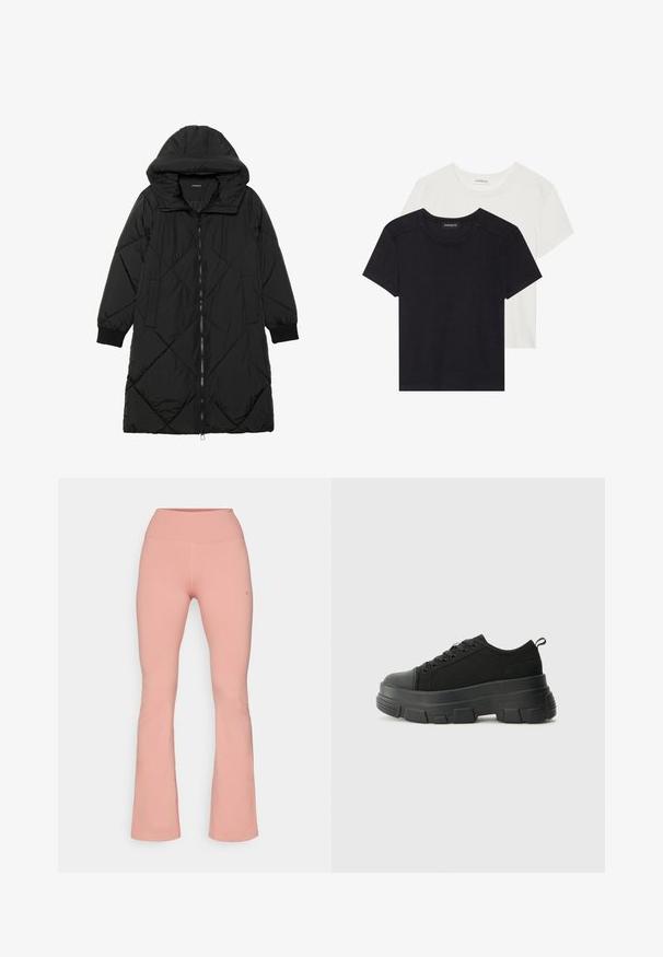 Must-havesinise mustris quiltitudis puffer jakk, millel on kapuuts, tõmblukk, küljetaskud ja elastsed varrukad. Sile, veekindel kangas.; Kaks lühikeste varrukatega T-särki must ja valge. Valmistatud pehmest puuvillast, ümarat kaelust ja standardset sobivust, millel on minimaalne õmblemise detail.; Pehmeast roosast kangast laienevad treeningpüksid, millel on kõrge soe vöökoht ja sile tekstuur, minimaalse õmblusega ning logo detail külgedel.; Mustad mustad mustikad, millel on tugev kummist põhi, tekstuuriga kangast pealis, ümar varvas ja seotud disain. Omab tugevdatud silmuseid ja tagumist tõmbeotsta.
