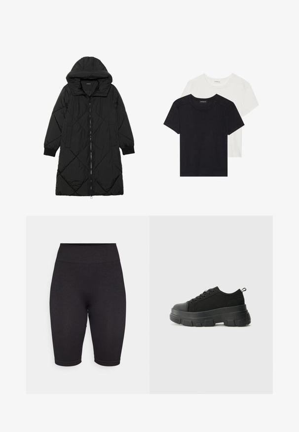 Fekete steppelt pufi kabát kapucnival, cipzáras záródással, oldalsó zsebekkel és elasztikus mandzsettákkal. Simább, vízlepergető anyag.; Két rövid ujjú póló fekete és fehér színben. Puha pamutból készült, kerek nyakkivágással és szabványos illeszkedéssel, minimális varrási részletekkel.; Fekete bordázott biciklis sort széles gumis derékkal, combközépig érő hosszúsággal. Simább textúrával és testhezálló fazonnal rendelkezik.; Fekete sportcipők vastag gumitalppal, texturált szövet felsőrésszel, kerek orral és fűzős kialakítással. Megerősített fűzőlyukakkal és hátsó húzófüllel rendelkezik.