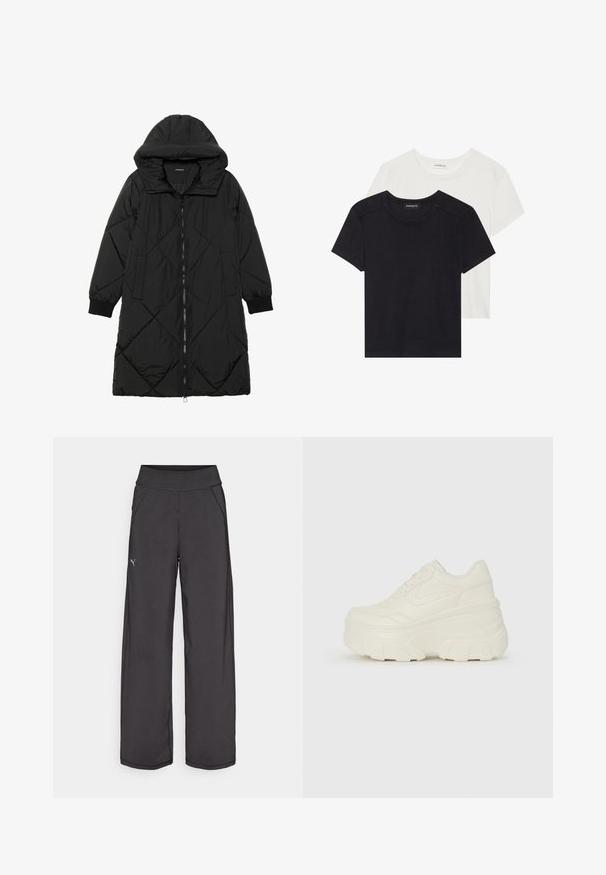 Abrigo acolchado negro con capucha, que cuenta con cierre de cremallera, bolsillos laterales y puños elásticos. Fabricado con un tejido liso y resistente al agua.; Dos camisetas de manga corta en negro y blanco. Hechas de algodón suave, con un escote redondo y un ajuste estándar con un detalle de costura mínimo.; Pantalones deportivos negros con una cinturilla ancha, bolsillos laterales y costuras planas. Presenta un pequeño logo en la pierna izquierda. Fabricado con una tela suave y elástica.; Zapatillas de plataforma blancas con un upper suave similar al cuero, forma redondeada, cuello acolchado y suela de goma texturizada con surcos definidos.
