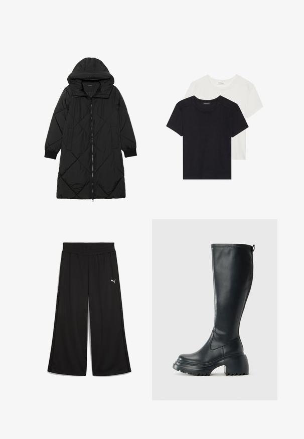Zwarte gewatteerde pufferjas met een capuchon, voorzien van een ritssluiting, zijzakken en elastische manchetten. Glad, waterafstotend materiaal.; Twee T-shirts met korte mouwen in zwart en wit. Gemaakt van zacht katoen, met een ronde halslijn en een standaard pasvorm, met minimale stikdetails.; Zwarte sportbroek met een elastische tailleband, zijsnapknopen en een wit Puma-logo aan de voorkant. Gemaakt van lichtgewicht stof.; Hoge zwarte leren laars met een chunky plateauzool en blokhak, voorzien van een trekband en een gestructureerd profiel op de buitenzool.