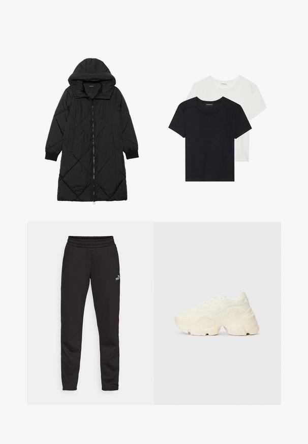 Abrigo acolchado negro con capucha, que cuenta con cierre de cremallera, bolsillos laterales y puños elásticos. Fabricado con un tejido liso y resistente al agua.; Dos camisetas de manga corta en negro y blanco. Hechas de algodón suave, con un escote redondo y un ajuste estándar con un detalle de costura mínimo.; Pantalones de chándal negros con cintura acanalada, diseño de pierna ajustada y un pequeño logo de Puma blanco en el lado frontal. Fabricados en un material suave.; Zapatillas blancas gruesas hechas de malla texturizada y materiales sintéticos, con una suela gruesa y detalles de patrones intrincados a lo largo de los lados.