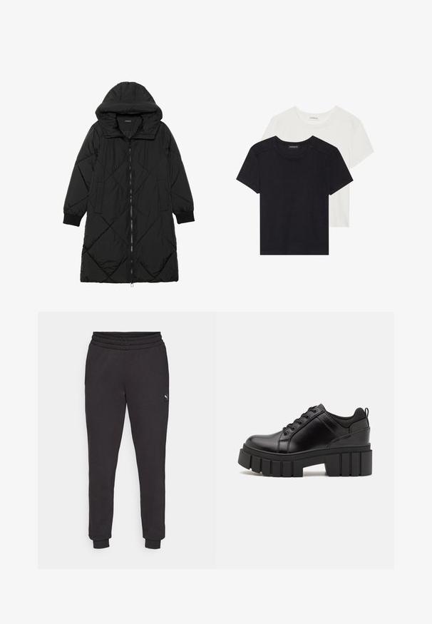 Crna tkanina sa štepom puffer kaput s kapuljačom, sa zatvaračem na zip, bočnim džepovima i elastičnim manžetama. Glatka, vodootporna tkanina.; Dva kratka rukava T-majice u crnoj i bijeloj boji. Izrađene od mekog pamuka, s okruglim izrezom i standardnim krojem, s minimalnim detaljima šivanja.; Crne trenirke s elastičnom gumom u struku, sužene nogavice i mala oznaka s logotipom sa strane. Napravljene od mekanog, teksturiranog pamučnog materijala.; Crne kožne platforme s debelim blok-peta, okruglim prstima i klasičnim dizajnom vezanja. Imaju gladak tekstur i minimalne detalje.