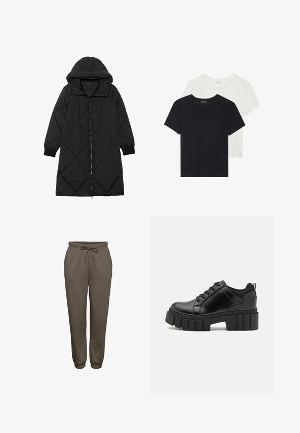 Melnas quiltētas pūkara mētelis ar kapuci, ar rāvējslēdzēja aizdari, sānu kabatām un elastīgām aprocēm. Gluda, ūdensizturīga auduma.; Divas īsām piedurknēm T-krekli melnā un baltā krāsā. Izgatavoti no mīkstas kokvilnas, ar apaļu kakla izgriezumu un standarta piegriezumu, ar minimālu šuvju detalizāciju.; Brūni treniņbikses, kas izgatavotas no mīksta auduma, ar elastīgu jostasvietu un auklu, kā arī sašaurinātiem piedurkņu galiem potītēs.; Melnas ādas platformas kurpes ar masīvu bloku papēdi, apaļu purngalu un tradicionālu saistīšanas dizainu. Izceļas ar gludu tekstūru un minimālu apdari.