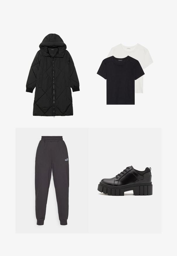 Juodas siūtais pūkų paltas su gobtuvu, turintis užtrauktuką, šonines kišenes ir elastines rankoves. Lygus, vandeniui atsparus audinys.; Du trapučiai trumpomis rankovėmis juodos ir baltos spalvos. Pagaminti iš minkštos medvilnės, su apvalia apykakle ir standartiniu kirpimu, turinčiu minimalų siuvimo detalizavimą.; Tamsiai pilki sportiniai keliai turi laisvą siluetą, elastingą juosmenį ir raukšlėtus apykakles. Kairėje kojoje matomas mažas baltas Puma logotipas.; Juodi odiniai platformos batai su masyviu blokuota kulniuku, apvalia nosimi ir tradiciniu šnypštimo dizainu. Turintys glotnų paviršių ir minimalų dekoravimą.