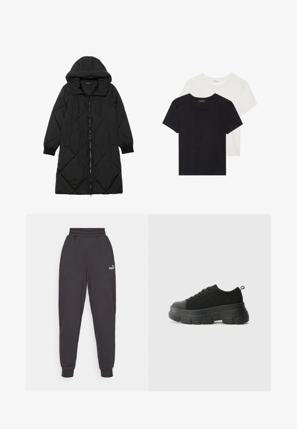 Juodas siūtais pūkų paltas su gobtuvu, turintis užtrauktuką, šonines kišenes ir elastines rankoves. Lygus, vandeniui atsparus audinys.; Du trapučiai trumpomis rankovėmis juodos ir baltos spalvos. Pagaminti iš minkštos medvilnės, su apvalia apykakle ir standartiniu kirpimu, turinčiu minimalų siuvimo detalizavimą.; Tamsiai pilki sportiniai keliai turi laisvą siluetą, elastingą juosmenį ir raukšlėtus apykakles. Kairėje kojoje matomas mažas baltas Puma logotipas.; Juodos sportinės bateliai su stambiu guminiais padu, tekstūrizuotu audinio viršumi, apvaliu pirštu ir raištelių uždarymu. Yra sutvirtinti akių angos ir nugaros kilputė.