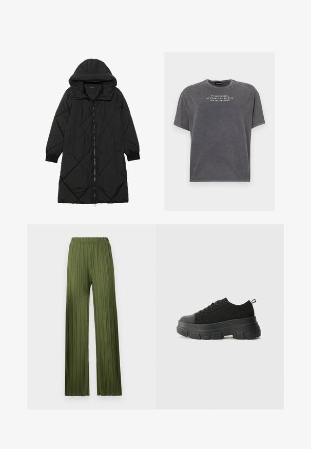 Melnas quiltētas pūkara mētelis ar kapuci, ar rāvējslēdzēja aizdari, sānu kabatām un elastīgām aprocēm. Gluda, ūdensizturīga auduma.; Even&Odd TONIA TEE - Apdrukāts T-krekls - black; Zaļas, pleatētas, plaša krāsas bikses ar elastīgu jostu. Strukturētais audums ir ar vertikālām svītrām, nodrošinot plūstošu izskatu.; Melnas kedas ar masīvu gumijas zoli, teksturētu auduma augšdaļu, apaļu purngalu un saistīšanas dizainu. Iekļautas pastiprinātas acs atveres un aizmugurējais cilpiņas siksniņa.