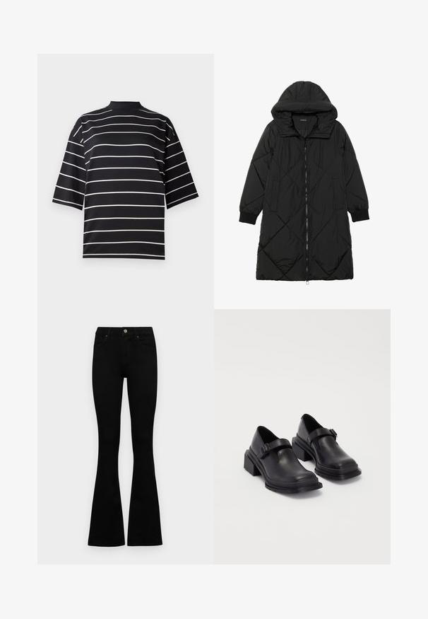 Musta tikattu puhvittakki hupulla, jossa on vetoketjukiinnitys, sivutaskut ja elastiset hihansuut. Sujuva, vettä hylkivä kangas.; Mustat lyhythihaiset paidat, joissa on valkoisia vaakaraitoja. Korkea kaulus ja rento istuvuus, valmistettu sileästä ja joustavasta kankaasta.; Mustat korkeavyötäröiset farkut nappi- ja vetskariyläosalla, etutaskuilla ja levenevillä lahkeilla, asetettuna tasaisesti valkoista taustaa vasten.; Mustat nahkakengät, joissa on pyöreä varvas, litteä pohja ja soljellinen hihna. Paksu lohkopohja lisää vakautta.