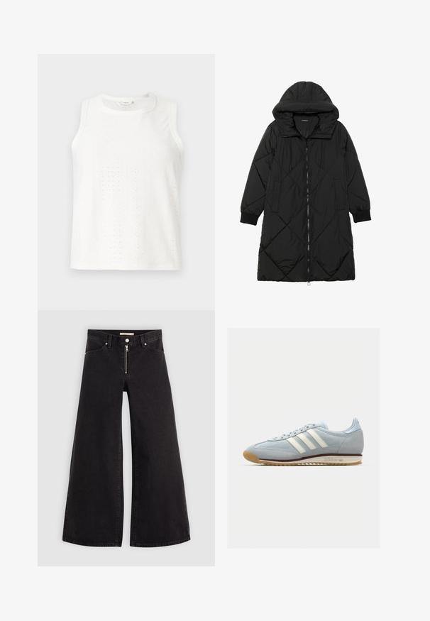 Black quilted puffer coat with a hood, featuring a zip closure, side pockets, and elastic cuffs. Smooth, water-resistant fabric.; White sleeveless top featuring eyelet patterns, round neckline, and a straight cut. Made of lightweight fabric with a smooth texture.; Wide-leg jeans in black denim with a zippered front, five-pocket design, and subtle stitching details. Smooth texture and casual style.; Light blue suede sneaker with white three stripes, rubber sole, and textured mesh. Features a smooth toe cap and branding on the heel.