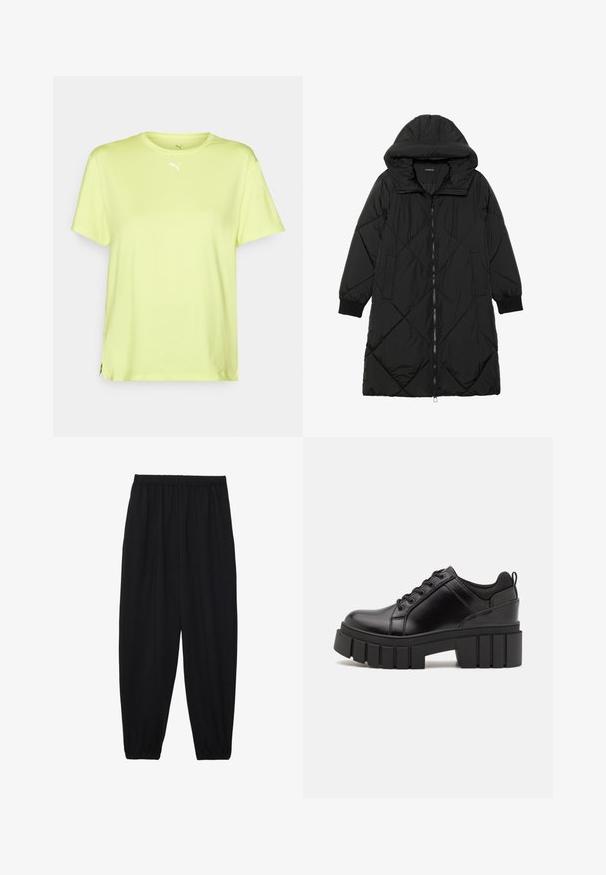 Musta tikattu puhvittakki hupulla, jossa on vetoketjukiinnitys, sivutaskut ja elastiset hihansuut. Sujuva, vettä hylkivä kangas.; Kirkas keltainen lyhythihainen t-paita, joka on valmistettu kevyestä materiaalista. Siinä on pyöreä kaula-aukko ja pieni valkoinen logo rinnassa.; Mustat, kevyet housut, joissa on joustava vyötärö ja kerätyt nilkat. Kangas on sileä ja siinä on rento, kapeneva muotoilu.; Mustat nahkakengät, joissa on lättihenkinen korko, pyöreä kärki ja perinteinen nauhakiinnitys. Ominaisuuksiin kuuluu sileä pintakuvio ja minimaalinen yksityiskohtaisuus.