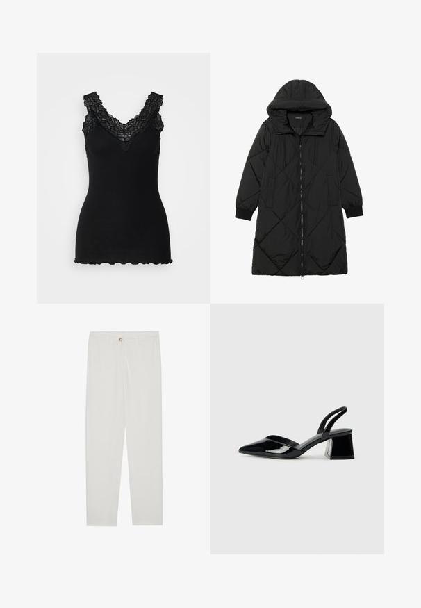 Crna tkanina sa štepom puffer kaput s kapuljačom, sa zatvaračem na zip, bočnim džepovima i elastičnim manžetama. Glatka, vodootporna tkanina.; Crna rebrasta majica bez rukava s čipkastim detaljima duž V-izreza i valovitim rubom. Tekstura je meka, što dodatno naglašava njezin prilagođeni kroj.; Bijele, krojene hlače ravnog kroja, s kopčanjem na dugme, petljama za remen i bočnim džepovima; glatka tekstura tkanine.; Crne lakirane kožne sandale s otvorenom petom i špicastim vrhom, s geometrijskom blok petom. Imaju elegantan, minimalistički dizajn i glatku teksturu.