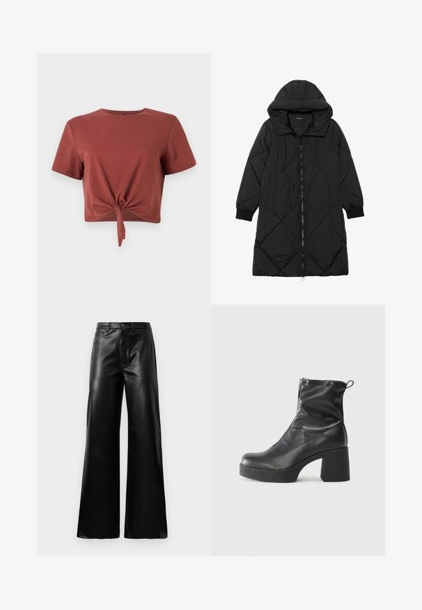 Melnas quiltētas pūkara mētelis ar kapuci, ar rāvējslēdzēja aizdari, sānu kabatām un elastīgām aprocēm. Gluda, ūdensizturīga auduma.; Rūsganbrūns īsais krekls no mīksta kokvilnas ar īsām piedurknēm un mezglotu priekšējo daļu. Gluda tekstūra, noapaļots kakla izgriezums.; Melnas augstās jostas platajās kājās sintētiskās ādas bikses ar priekšējo pogu, rāvējslēdzēju, jostas cilpām un sānu kabatām uz baltā fona.; Melni potītes zābaki, kas izgatavoti no gludas ādas, ar sānu rāvējslēdzēju, masīvu strukturētu papēdi un noapaļotu purngalu.