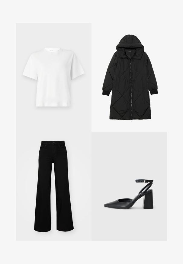 Must-havesinise mustris quiltitudis puffer jakk, millel on kapuuts, tõmblukk, küljetaskud ja elastsed varrukad. Sile, veekindel kangas.; Valge lühikeste varrukatega T-särk, mis on valmistatud puuvillast, ringkaelusega ja mugava lõikega. Sile tekstuur lihtsa ja klassikalise disainiga.; Mustad mustad püksid, mis on valmistatud denimist, struktuurse vöökohtade, vöökootidega ja esikottidega. Sile tekstuur klassikalise disainiga.; Mustmustest must-käigukingad, millel on konksuga nöör ja paks konts. Ühtlane tekstuur, stiilne disain ja minimalistlik esteetika.