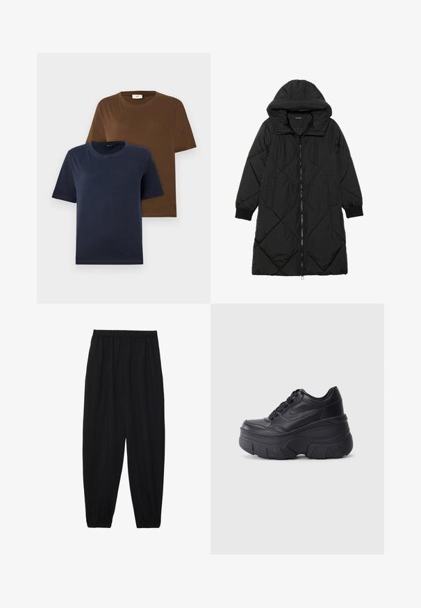 Black quilted puffer coat with a hood, featuring a zip closure, side pockets, and elastic cuffs. Smooth, water-resistant fabric.; Two short-sleeve t-shirts: one in dark navy, the other in rich brown. Both feature round necklines and a soft, smooth cotton texture.; Black, lightweight pants with an elastic waistband and gathered ankles. The fabric is smooth and features a relaxed, tapered design.; Black lace-up sneakers with a chunky sole, featuring smooth leather upper, rounded toe, and distinct layered platform design.