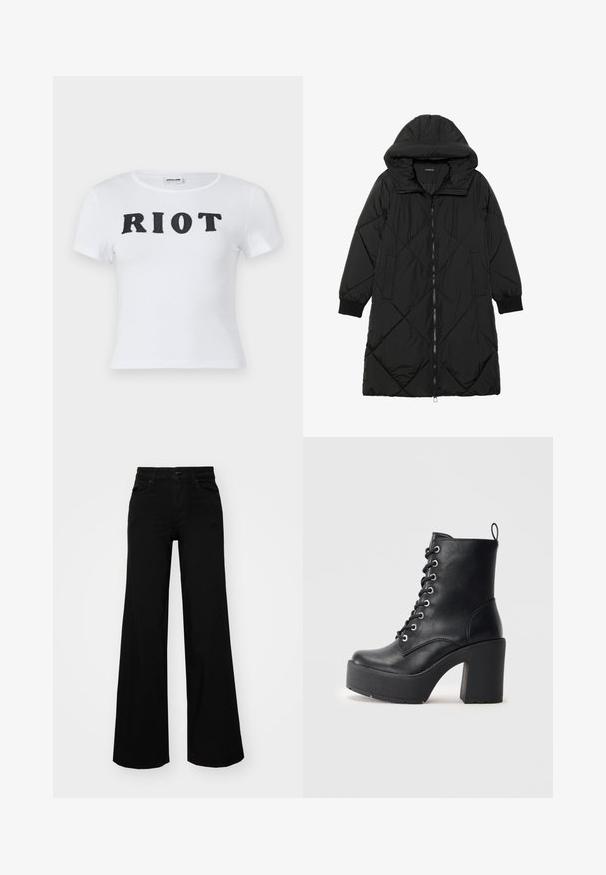 Černá prošívaná péřová bunda s kapucí, vybavená zipovým zapínáním, bočními kapsami a elastickými manžetami. Hladká, voděodolná tkanina.; Bílý tričko s krátkým rukávem a kulatým výstřihem, na přední straně s nápisem "RIOT" v tučných černých písmenech. Měkký bavlněný materiál.; Černé široké kalhoty vyrobené z denimu, s pevným pasem, poutky na opasek a předními kapsami. Hladká textura s klasickým designem.; Černá kožená kotníčková bota s robustním blokovým podpatkem, šněrováním v přední části a texturovaným povrchem. Obsahuje poutko na zadní straně pro snadné obouvání.