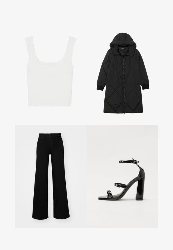 Sort quiltet pufferjakke med hætte, med lynlåslukning, sidelommer og elastiske manchetter. Glat, vandafvisende stof.; Hvid ribbet tanktop med bølgede kanter på stropperne og udskæringen, i en tætsiddende pasform og blød tekstur.; Sorte bukser med bred benvidde lavet af denim, med en struktureret talje, bæltesløjfer og forlommer. Glat tekstur med et klassisk design.; Sorte patenterede hælsandaler med firkantet tå, ankelremme og sølvspænder. Har en chunky blokHæl for stabilitet.