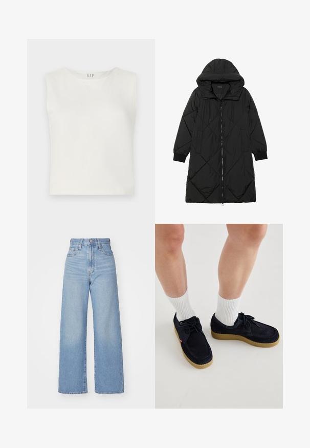 Melnas quiltētas pūkara mētelis ar kapuci, ar rāvējslēdzēja aizdari, sānu kabatām un elastīgām aprocēm. Gluda, ūdensizturīga auduma.; Balts īsais bez piedurknēm topiņš, izgatavots no gludas auduma, ar apaļu dekoltē un minimālisma dizainu, uz kura augšpusē centrā ir GAP logo.; Gaiši zili augstās jostas vidukļa platās bikses ar priekšējo pogu un rāvējslēdzēju, priekšējām un aizmugurējām kabatām uz baltā fona.; Tums zilas zamšādas kurpes ar apaļu purngalu, auklu aizdari un krēmkrāsas gumijas zoli. Apvienotas ar baltām ribotām apakšzālēm.