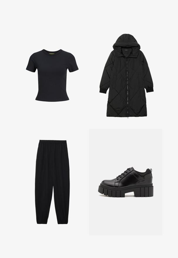 Svart vadderad jacka med huva, med dragkedja, sidofickor och elastiska ärmslut. Slät, vattenavvisande tyg.; Svart kortärmad t-shirt i slätt bomullstyg, med rund halsringning och figurnära silhuett. Enkel, enfärgad design.; Svarta, lätta byxor med elastisk midja och samlade ankleder. Tyget är slätt och har en avslappnad, avsmalnande design.; Svarta läderplattformsskor med en kraftig blockklack, rund tå och traditionell snörningsdesign. Har en slät textur och minimal detaljering.