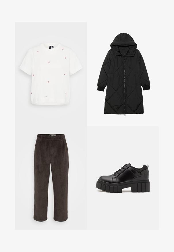 Black quilted puffer coat with a hood, featuring a zip closure, side pockets, and elastic cuffs. Smooth, water-resistant fabric.; White cotton t-shirt with short sleeves featuring multiple embroidered small strawberries in pink and green. Relaxed fit, crew neckline.; Brown corduroy trousers featuring a straight-leg design, subtle texture, and a front button closure with side pockets.; Black leather platform shoes with a chunky block heel, round toe, and traditional lace-up design. Features smooth texture and minimal detailing.