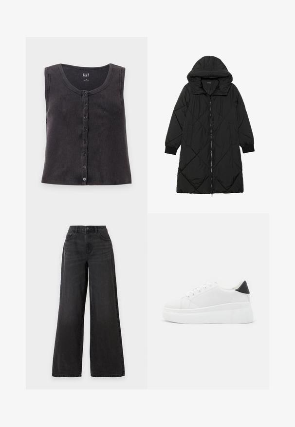 Black quilted puffer coat with a hood, featuring a zip closure, side pockets, and elastic cuffs. Smooth, water-resistant fabric.; Dark gray ribbed sleeveless top with a round neckline and a button front placket. Designs feature subtle texture and six black buttons.; Wide-leg black jeans, denim material, high waist with five pockets, subtle fading, and stitched hem detailing, offering a relaxed fit.; White platform sneakers made of smooth synthetic material, featuring a rounded toe, lace-up design, and a textured rubber sole. Black heel accent.