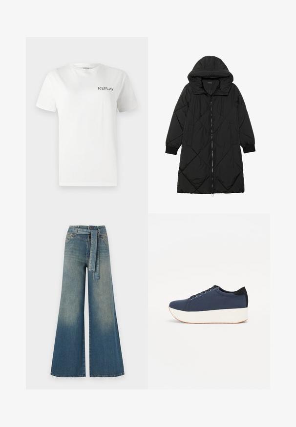 Sort quiltet pufferjakke med hætte, med lynlåslukning, sidelommer og elastiske manchetter. Glat, vandafvisende stof.; Hvid bomulds T-shirt med korte ærmer, rund hals, med et lille sort "REPLAY" logo på venstre brystområde. Glat tekstur.; Bredbens-denimbukser med en lys til mørk blå gradient, høj talje, bælteløkker og et matchende stofbælte. Tekstureret denimfinish.; Mørkeblå sneakers med en struktureret stofoverdel, hvid platformssål, rund tå og sort hælakkent. Har seks snøreøjer til snørebånd.