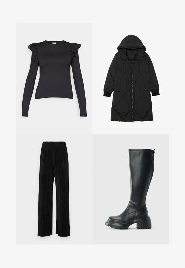 Svart vadderad jacka med huva, med dragkedja, sidofickor och elastiska ärmslut. Slät, vattenavvisande tyg.; Svart långärmad t-shirt med spetsdetaljer på axlarna, tillverkad av mjukt material, med rundad halsringning och figurnära design.; Svarta plisserade byxor med resårmidja. Har vida ben och ett mjukt, texturerat material med vertikala ränder.; Höga svarta läderstövlar med kraftig plattformssula och blockklack, med dragflik och strukturerat mönster på yttersulan.