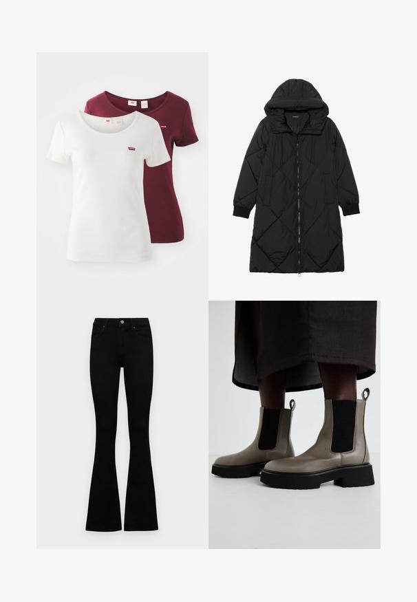 Musta tikattu puhvittakki hupulla, jossa on vetoketjukiinnitys, sivutaskut ja elastiset hihansuut. Sujuva, vettä hylkivä kangas.; Kaksi lyhythihaista t-paitaa: yksi valkoinen pyöreällä kaula-aukolla ja punaisella Levi's-logolla, ja yksi burgundinpunainen, jossa on samantyylinen muotoilu ja logon sijoittelu.; Mustat korkeavyötäröiset farkut nappi- ja vetskariyläosalla, etutaskuilla ja levenevillä lahkeilla, asetettuna tasaisesti valkoista taustaa vasten.; Harmaat nilkkurit, jotka on valmistettu teksturoidusta nahasta ja joissa on joustavat sivupaneelit sekä paksu musta pohja. Varustettu vetoketjuilla, jotka helpottavat pukemista.