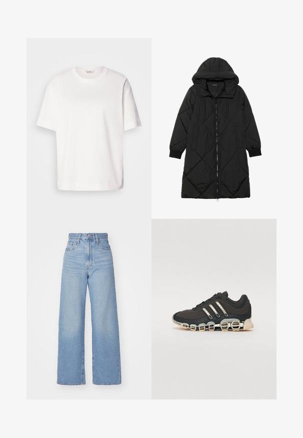 Schwarze, gesteppten Puffermantel mit Kapuze, ausgestattet mit einem Reißverschluss, seitlichen Taschen und elastischen Bündchen. Glattes, wasserabweisendes Material.; Weißes Baumwoll-T-Shirt mit kurzen Ärmeln, Rundhalsausschnitt, lockerer Passform und glatter Textur; ohne Muster oder sichtbare Metallteile.; Hellblaue High-Waist-Weite-Leg-Jeans mit Knopf- und Reißverschluss vorne, Vorder- und Rückentaschen, auf weißem Hintergrund.; Schwarzer Sportschuh mit einer strukturierten Oberseite, drei silbernen Streifen und einer markanten Dämpfungssohle mit mehreren integrierten Sektionen.