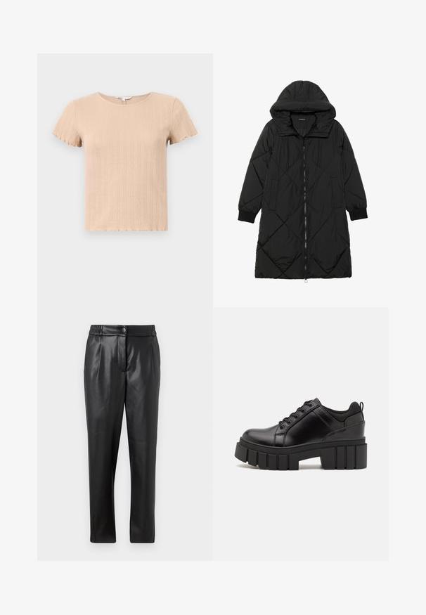 Fekete steppelt pufi kabát kapucnival, cipzáras záródással, oldalsó zsebekkel és elasztikus mandzsettákkal. Simább, vízlepergető anyag.; Beige, bordázott, rövid ujjú póló, scallop mintázattal, texturált mintával és kerek nyakkivágással. Puha, rugalmas anyagból készült.; Fekete bőr nadrág sima textúrával, egyenes szabással, rugalmas derékkal és elülső gombos záródással; pliszírozott részletezéssel és szűkített lábakkal.; Fekete bőr platform cipők vaskos blokk sarkakkal, kerek orral és hagyományos fűzős kialakítással. Simára csiszolt felület és minimális részletezés jellemzi.