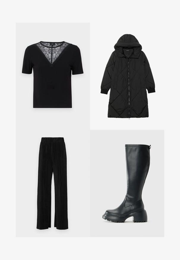 Crna tkanina sa štepom puffer kaput s kapuljačom, sa zatvaračem na zip, bočnim džepovima i elastičnim manžetama. Glatka, vodootporna tkanina.; Crni majica s kratkim rukavima koja ima čipkastu i valovitu izrezanicu u obliku slova V, rebrastu teksturu i prilagođeni dizajn.; Crne plisirane hlače s elastičnim pojasom. Imaju široke nogavice i glatku, teksturiranu tkaninu s vertikalnim prugama.; Visoke crne kožne čizme s debelim platformskim đonom i blok petom, s patentom za povlačenje i teksturiranim uzorkom na potplatu.