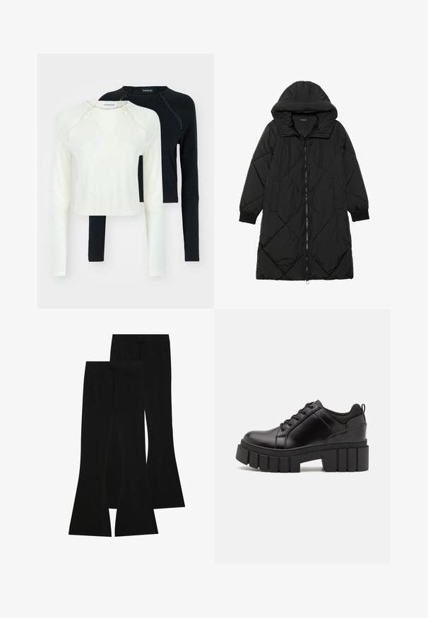 Melnas quiltētas pūkara mētelis ar kapuci, ar rāvējslēdzēja aizdari, sānu kabatām un elastīgām aprocēm. Gluda, ūdensizturīga auduma.; Divi garie piedurknēm, viens baltā un otrs melnā krāsā. Abiem ir apaļi kakla izcirtņi un dekoratīvas rāvējslēdzēja detaļas plecu daļā. Gluda auduma.; Melni platie bikses, izgatavotas no elastīgas auduma, ar augstu vidukli un gludu tekstūru, ar pieguļošu dizainu, kas paplašinās no ceļa.; Melnas ādas platformas kurpes ar masīvu bloku papēdi, apaļu purngalu un tradicionālu saistīšanas dizainu. Izceļas ar gludu tekstūru un minimālu apdari.