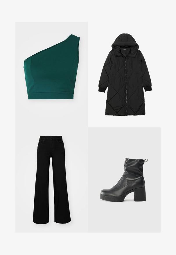 Μαύρο πλεκτό μπουφάν με κουκούλα, που διαθέτει κλείσιμο με φερμουάρ, πλαϊνές τσέπες και ελαστικούς καρπούς. Λείο, αδιάβροχο ύφασμα.; Ασύμμετρο πράσινο crop top από λείο ύφασμα, με έναν μόνον ιμάντα στον ώμο και εφαρμοστή λεπτομέρεια στη μέση.; Μαύρο παντελόνι με φαρδιά μπατζάκια από τζίν, με δομημένη μέση, θηλιές ζώνης και μπροστινές τσέπες. Λείος υφασμάτινος σχεδιασμός με κλασική εμφάνιση.; Μαύρες μποτές μέχρι τον αστράγαλο από λείο δέρμα, με πλευρικό φερμουάρ, χοντρό υφασμάτινο τακούνι και στρογγυλή μύτη.