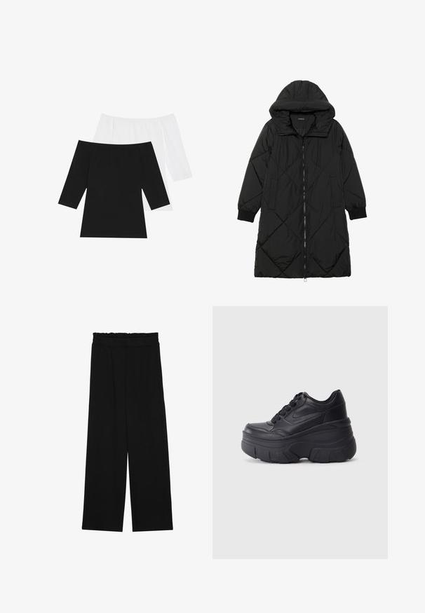 Black quilted puffer coat with a hood, featuring a zip closure, side pockets, and elastic cuffs. Smooth, water-resistant fabric.; Two off-the-shoulder tops: one in black and one in white, featuring three-quarter sleeves, made of soft cotton with a smooth texture.; Black wide-leg trousers with a ruffled waistband, featuring two side pockets and a smooth, lightweight fabric. No visible patterns or hardware.; Black lace-up sneakers with a chunky sole, featuring smooth leather upper, rounded toe, and distinct layered platform design.
