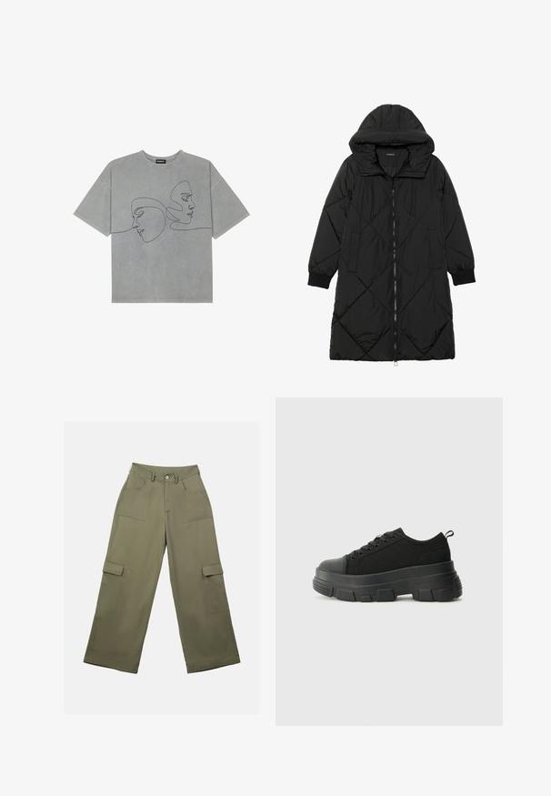 Zwarte gewatteerde pufferjas met een capuchon, voorzien van een ritssluiting, zijzakken en elastische manchetten. Glad, waterafstotend materiaal.; Grijze katoenen T-shirt met korte mouwen, voorzien van minimalistische zwarte lijntekeningen van twee gezichten op de voorkant, ronde halslijn en een ontspannen pasvorm.; Olijfgroene cargopantalons met een hoge taille, brede benen en twee grote zijzakken. Gemaakt van soepel materiaal met een knoopsluiting.; Zwarte sneakers met een stevige rubberen zool, textiel bovenwerk, ronde neus en vetersluiting. Beschikt over versterkte oogjes en een trekstrip aan de achterkant.