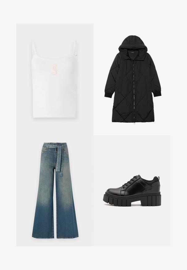 Czarna pikowana kurtka puchowa z kapturem, z zapięciem na zamek, bocznymi kieszeniami i elastycznymi mankietami. Gładki, wodoodporny materiał.; Biały prążkowany top na ramiączkach z cienkimi paskami, z małym różowym wzorem konika morskiego na środku. Gładka tekstura, luźny krój.; Szerokie spodnie dżinsowe z gradientem od jasnoniebieskiego do ciemnoniebieskiego, wysokim stanem, szlufkami na pasek oraz pasującym paskiem z tkaniny. Teksturowany wykończenie dżinsu.; Czarne skórzane buty na platformie z masywnym słupkowym obcasem, okrągłym noskiem i klasycznym sznurowaniem. Posiadają gładką teksturę i minimalne wykończenia.