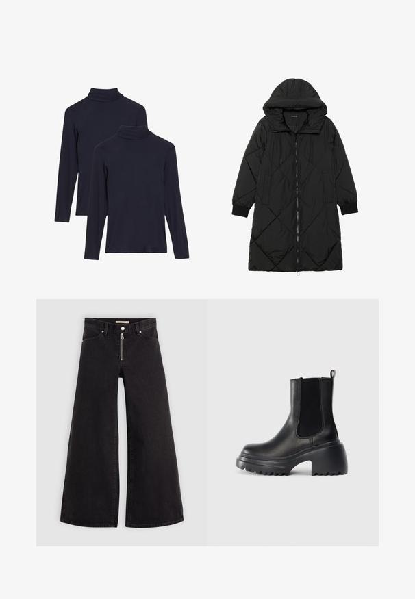Casaco puffer acolchoado preto com capuz, apresentando um fecho de correr, bolsos laterais e punhos elásticos. Tecido suave e à prova d'água.; Marks & Spencer 2 PACK THERMAL HEATGEN - Camisola interior - black; Calças de ganga de perna larga em denim preto com fecho éclair à frente, design de cinco bolsos e detalhes de costura subtil. Textura suave e estilo casual.; Botas de tornozelo em couro preto com painéis laterais elásticos, sola grossa e chunky, e detalhes de aderência texturizada na sola exterior. Design minimalista.
