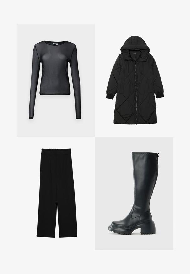 Casaco puffer acolchoado preto com capuz, apresentando um fecho de correr, bolsos laterais e punhos elásticos. Tecido suave e à prova d'água.; Top preto de mangas longas feito de material transparente, com decote redondo e corte justo, com bainhas delicadamente acabadas.; Calças largas pretas com um cinto franzido, apresentando dois bolsos laterais e um tecido suave e leve. Sem padrões ou ferragens visíveis.; Bota preta de couro alta com sola de plataforma robusta e salto bloco, apresentando puxador e padrão texturizado na sola.