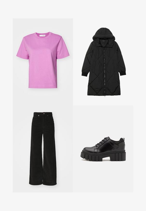 Black quilted puffer coat with a hood, featuring a zip closure, side pockets, and elastic cuffs. Smooth, water-resistant fabric.; Short-sleeve crew-neck T-shirt in solid light pink, made of cotton, with a smooth texture and straight fit. Simple design, no additional accents.; Black corduroy wide-leg pants with a high waist, featuring two front pockets and a metal button closure. Textured fabric with vertical ridges.; Black leather platform shoes with a chunky block heel, round toe, and traditional lace-up design. Features smooth texture and minimal detailing.