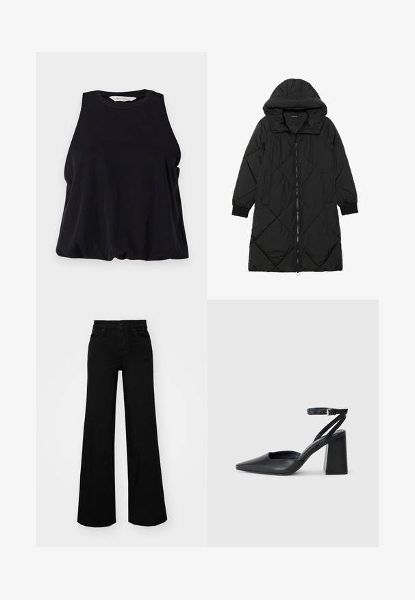 Črna prešita puffer jakna s kapuco, ki ima zadrgo, stranske žepe in elastične manšete. Gladek, vodoodporen material.; Črna brezrokavnik iz mehkega materiala, z okroglim izrezom in ohlapnim krojem, ki se nežno spušča na robu. Brez vidnih vzorcev ali dodatkov.; Črne široke denim hlače s strukturiranim pasom, z zankami za pas in sprednjimi žepi. Gladka tekstura s klasičnim dizajnom.; Črne usnjene klasične čevlje z ostrim nosom, z zaponko za gleženj in debelim peto. Ravna tekstura, eleganten dizajn in minimalistična estetika.
