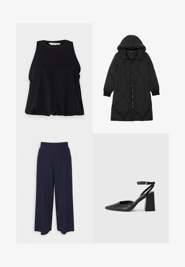 Schwarze, gesteppten Puffermantel mit Kapuze, ausgestattet mit einem Reißverschluss, seitlichen Taschen und elastischen Bündchen. Glattes, wasserabweisendes Material.; Schwarzes ärmelloses Top aus weichem Stoff, mit Rundhalsausschnitt und lockerer Passform, die am Saum sanft fällt. Keine sichtbaren Muster oder Akzente.; Weit geschnittene Hosen aus dunkelnavy Stoff mit strukturiertem Rippendesign. Merkmale sind ein glatter Hosenbund und eine luftige Silhouette, die bis zur Mitte der Wade reicht.; Schwarze Leder-Pumps mit spitzer Zehe, einem Knöchelriemen und einem blockigen Absatz. Flache Textur, elegantes Design und minimalistische Ästhetik.