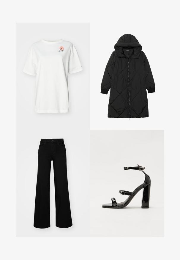 Crna tkanina sa štepom puffer kaput s kapuljačom, sa zatvaračem na zip, bočnim džepovima i elastičnim manžetama. Glatka, vodootporna tkanina.; Bijela majica kratkih rukava od pamuka, s ružičastim cvjetnim uzorkom i malim crnim logom na lijevoj strani prsnog dijela.; Crne široke traperice s čvrstim pojasom, petljama za remen i prednjim džepovima. Gladak teksturirani materijal s klasičnim dizajnom.; Crne lakirane sandale na pete sa kvadratnim nosom, trakama oko gležnja i srebrnim kopčama. Imaju čvrst blok petu za stabilnost.