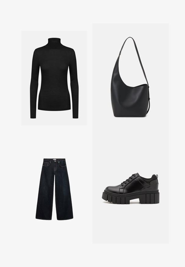 Czarna pikowana kurtka puchowa z kapturem, z zapięciem na zamek, bocznymi kieszeniami i elastycznymi mankietami. Gładki, wodoodporny materiał.; Czarny sweter z golfem, z długimi rękawami, fakturą w prążki, dopasowanym krojem i wysokim kołnierzem. Wykonany z miękkiego, elastycznego materiału.; Szerokie dżinsy w ciemnym kolorze z wysokim stanem, z kontrastowym przeszyciem, przednimi kieszeniami oraz minimalistycznym designem.; Czarne skórzane buty na platformie z masywnym słupkowym obcasem, okrągłym noskiem i klasycznym sznurowaniem. Posiadają gładką teksturę i minimalne wykończenia.; Czarna skórzana torba hobo o gładkiej fakturze, zaokrąglonym kształcie i pojedynczym, regulowanym pasku; posiada szerokie otwarcie na górze.