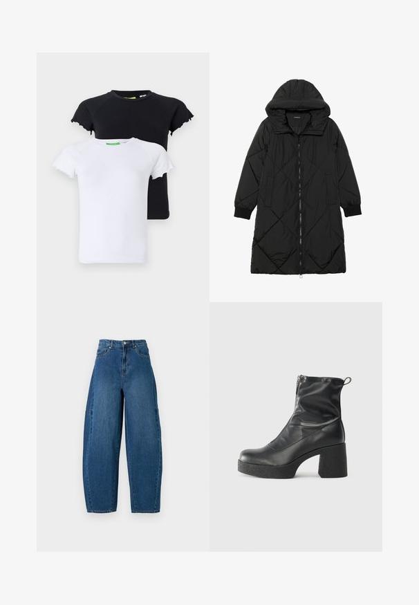 Fekete steppelt pufi kabát kapucnival, cipzáras záródással, oldalsó zsebekkel és elasztikus mandzsettákkal. Simább, vízlepergető anyag.; Két póló, egy fekete és egy fehér, puha anyagból készült. Jellemzői közé tartozik a rövid raglan ujj, amelyek hullámos szélekkel rendelkeznek.; Közepes kék mosású farmernadrág, magas derékkal, széles lábszárral és hagyományos öt zsebes kialakítással, látható varrási részletekkel.; Fekete bokacsizmák sima bőrből, oldalsó cipzárral, vastag, texturált sarkú és lekerekített orrú dizájnnal.