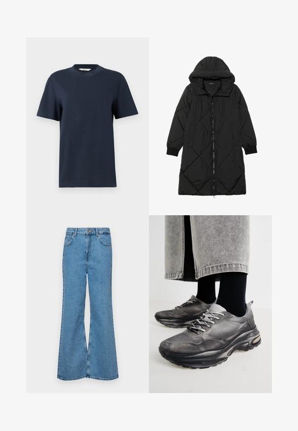 Casaco puffer acolchoado preto com capuz, apresentando um fecho de correr, bolsos laterais e punhos elásticos. Tecido suave e à prova d'água.; T-shirt azul-marinho de manga curta, feito de algodão, com decote redondo e um corte descontraído, apresentando detalhes mínimos.; Jeans de brim azuis claros, com corte à boca de sino, apresentando uma cintura alta, cinco bolsos e um fecho de botão único. Textura macia com acabamento desbotado.; Sapatilhas atléticas pretas e cinzentas apresentam um upper em malha, solas espessas e atacadores. Têm um bico arredondado e detalhes de amortecimento visíveis.