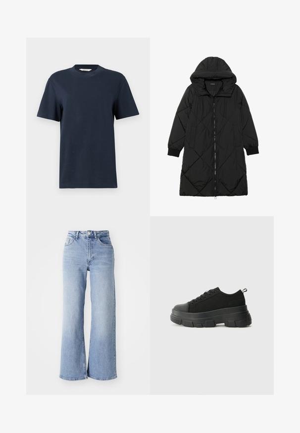 Black quilted puffer coat with a hood, featuring a zip closure, side pockets, and elastic cuffs. Smooth, water-resistant fabric.; Navy blue short-sleeve T-shirt made from cotton, featuring a round neckline and a relaxed fit with minimal detailing.; Light blue high-waist wide-leg jeans with front and back pockets, button closure, and subtle fading on the thighs and hems.; Black sneakers with a chunky rubber sole, textured fabric upper, round toe, and lace-up design. Features reinforced eyelets and back pull tab.