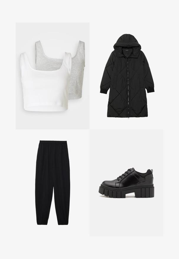 Melnas quiltētas pūkara mētelis ar kapuci, ar rāvējslēdzēja aizdari, sānu kabatām un elastīgām aprocēm. Gluda, ūdensizturīga auduma.; Divas divas krāsas T-krekli: viens balts, ribots audums; otrs gaiši pelēks, heather tekstūra. Abiem ir platas plecu siksnas un noapaļota izgriezuma forma.; Melnas, vieglas bikses ar elastīgu jostu un savilktiem potītiem. Audums ir gluds un to raksturo brīva, sašaurināta forma.; Melnas ādas platformas kurpes ar masīvu bloku papēdi, apaļu purngalu un tradicionālu saistīšanas dizainu. Izceļas ar gludu tekstūru un minimālu apdari.