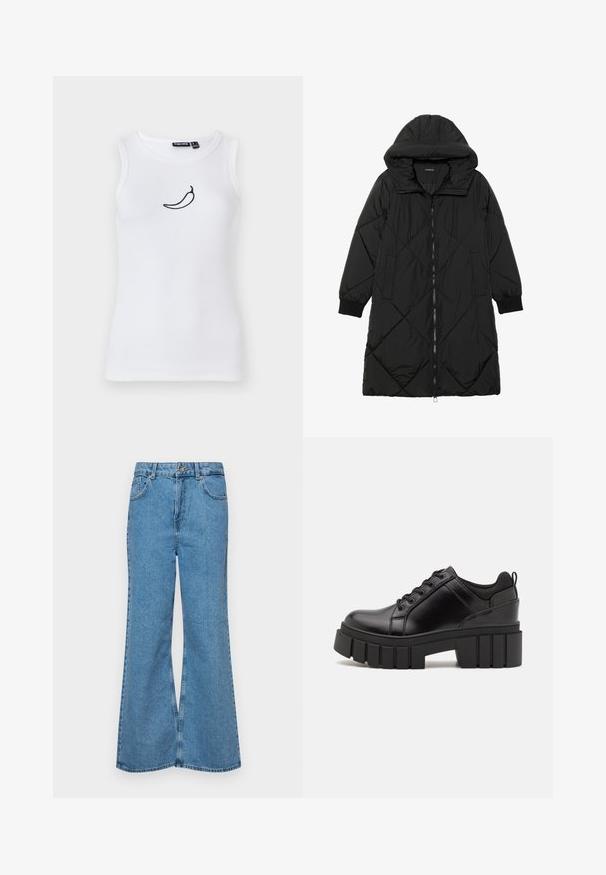 Casaco puffer acolchoado preto com capuz, apresentando um fecho de correr, bolsos laterais e punhos elásticos. Tecido suave e à prova d'água.; Camisola de alças branca com texturas, apresentando um bordado de pimenta chili preta na área do peito. Feita de material macio e elástico.; Jeans de brim azuis claros, com corte à boca de sino, apresentando uma cintura alta, cinco bolsos e um fecho de botão único. Textura macia com acabamento desbotado.; Sapatos de plataforma em couro preto com um salto bloco robusto, bico redondo e design clássico de atacadores. Apresentam uma textura suave e detalhes mínimos.