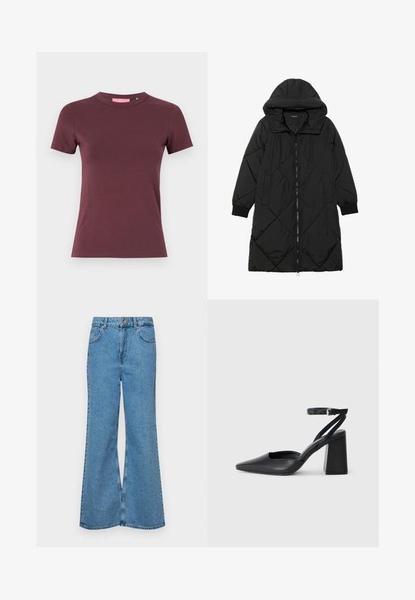 Must-havesinise mustris quiltitudis puffer jakk, millel on kapuuts, tõmblukk, küljetaskud ja elastsed varrukad. Sile, veekindel kangas.; JJXX GIGI TEE - Lihtne T-särk - sassafras; Heledad sinine flared teksade rõivad, millel on kõrge talje, viis taskut ja üks nupulukk. Pehme tekstuur ja pleekinud viimistlus.; Mustmustest must-käigukingad, millel on konksuga nöör ja paks konts. Ühtlane tekstuur, stiilne disain ja minimalistlik esteetika.