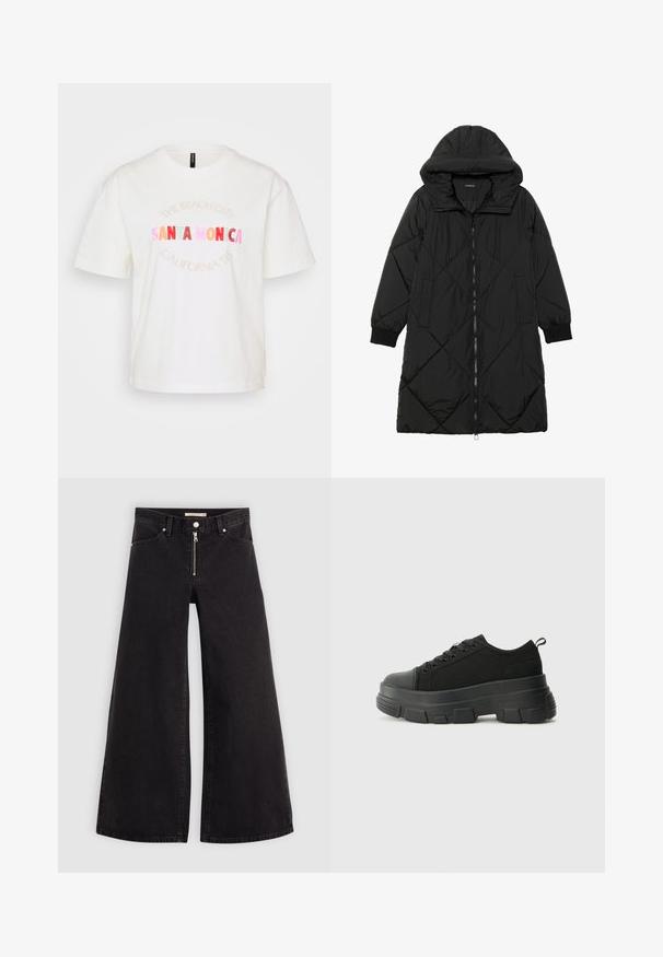 Black quilted puffer coat with a hood, featuring a zip closure, side pockets, and elastic cuffs. Smooth, water-resistant fabric.; White cotton t-shirt with short sleeves. Features pastel graphic text reading "SANTA MONICA" and "CALIFORNIA '95" in various colors.; Wide-leg jeans in black denim with a zippered front, five-pocket design, and subtle stitching details. Smooth texture and casual style.; Black sneakers with a chunky rubber sole, textured fabric upper, round toe, and lace-up design. Features reinforced eyelets and back pull tab.